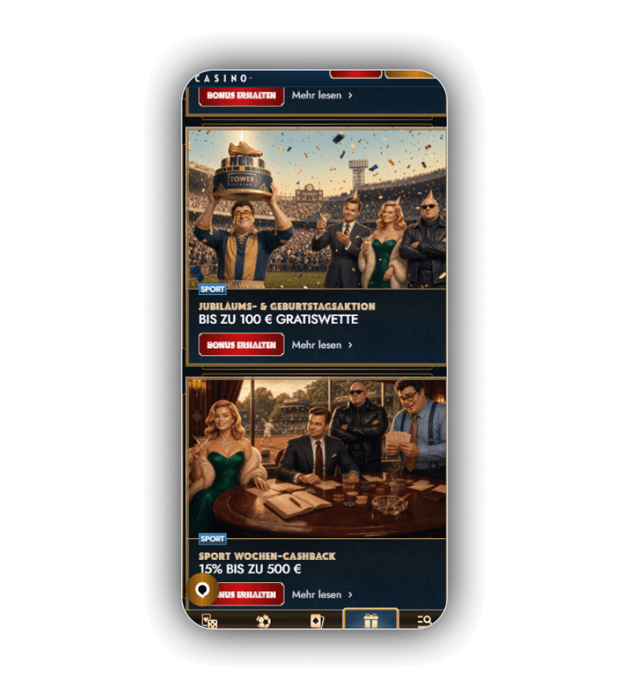 Aktionsübersicht von Tower Casino mit Karten für Sportangebote wie das Wochen Cashback über 15 Prozent bis zu 500 Euro