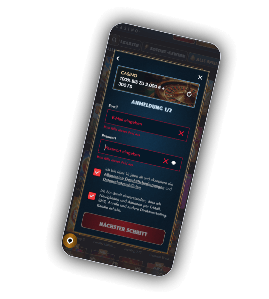 Anmeldung bei Tower Casino im ersten von zwei Schritten mit E-Mail Feld, Passwortfeld und zwei bereits angekreuzten Zustimmungen