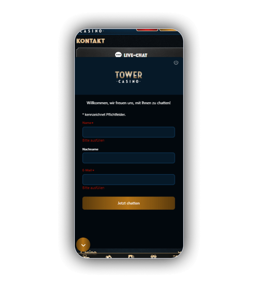 Chatfenster von Tower Casino mit den Pflichtfeldern Vorname und E-Mail Adresse und der Schaltfläche zum Starten des Gesprächs