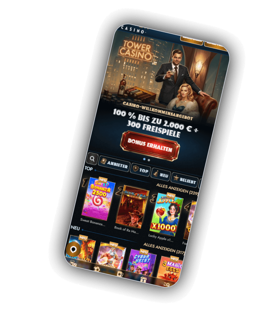 Startseite von Tower Casino mit dem Willkommensangebot 100 % bis zu 2.000 Euro und 300 Freispielen sowie den ersten Automaten der Auswahl