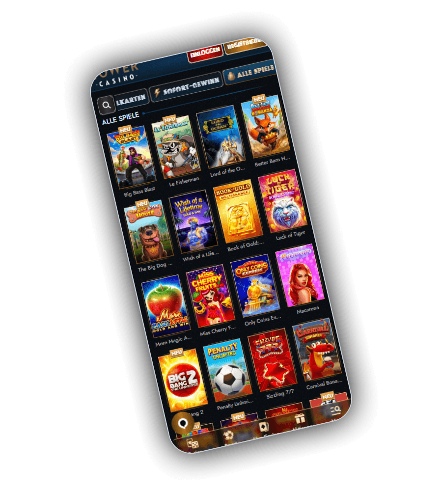 Spielauswahl von Tower Casino mit den Bereichen Sofortgewinn und alle Spiele und sechzehn Automatentiteln